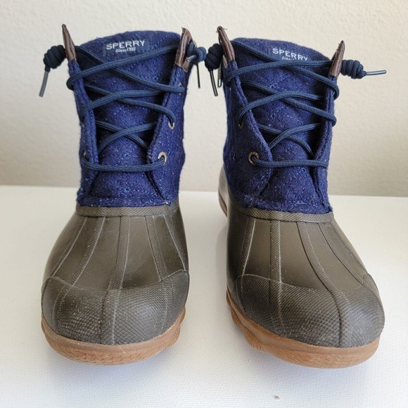 Sperry Saltwater Quilted Wedge Tide Wool Blue Brown Duck Boots Women Size 7 - Picture 2 of 14